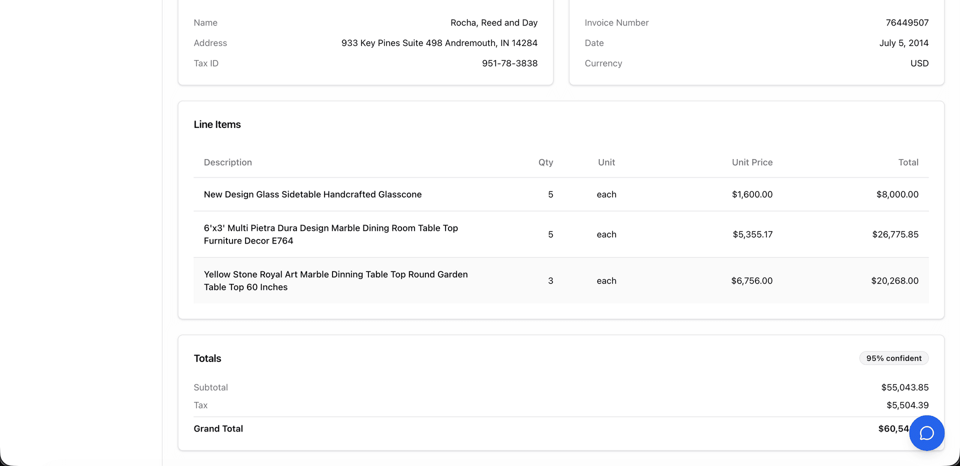 Invoice detail view showing AI-extracted line items with supplier information and pricing data