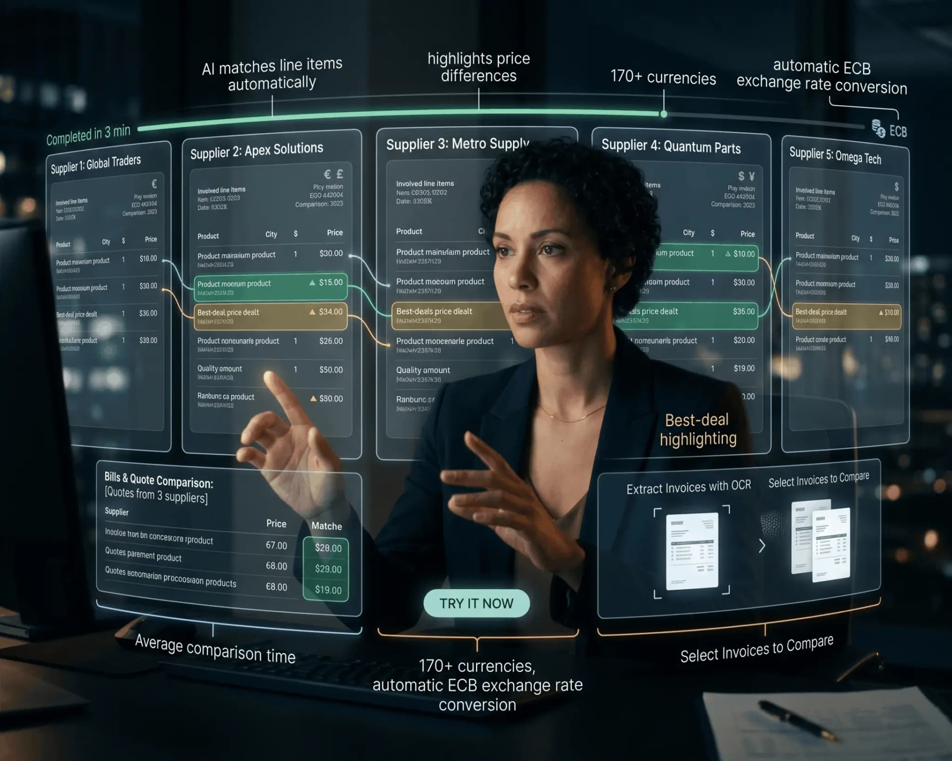 Business professional comparing 5 supplier invoices side-by-side with AI-powered line item matching and price highlighting